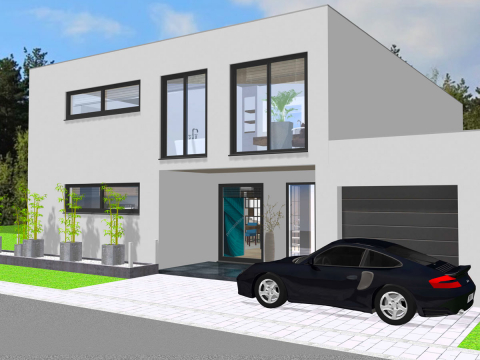 Konzeptrendering mit elegantem Fronteingang und Garage im Wohnungsbau Frankfurt. 