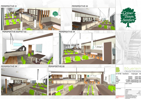 Verschiedene Perspektiven des Konzepts für den Restaurant-Ladenausbau in Baden-Württemberg, kreiert von Bäuerlein Objektdesign.