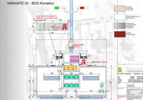 Konzeptzeichnung der Kassentheke im Rahmen des Apothekenbaus 