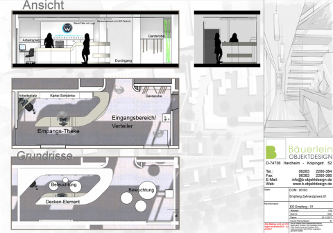 Detaillierte Konzeptzeichnung des Empfangsbereichs aus unterschiedlichen Perspektiven.