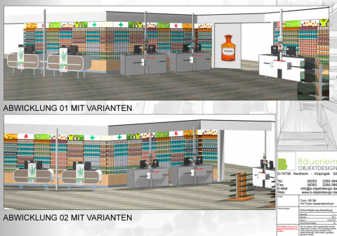 Visualisierung der Abwicklung im Apothekenbaukonzept. 