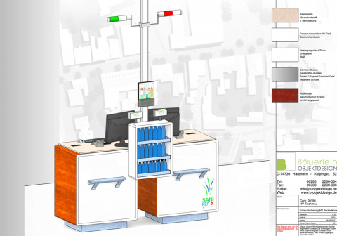 Konzeptzeichnung zeigt die schräge Frontansicht der Kassentheke