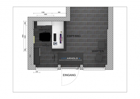 Konzeptzeichnung des Grundrisses des Eingangsbereichs des Steuerbüros in Baden-Württemberg, gestaltet von Bäuerlein Objektdesign.