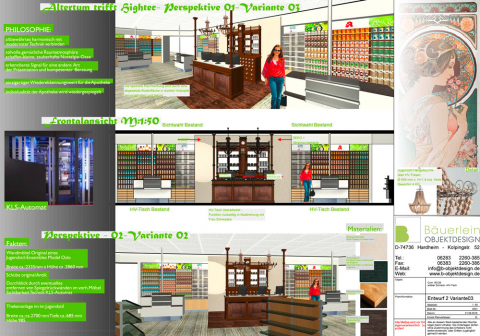Innovative Konzeptzeichnung der Jugendstil Ladentheke für die SaniPEP Apotheke