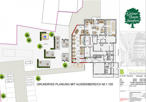 Grundrissplanung mit Außenbereich des Restaurant-Ladenausbaus in Baden-Württemberg, entworfen von Bäuerlein Objektdesign.