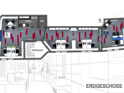 Übersicht des Erdgeschosses im Büroraumausbau