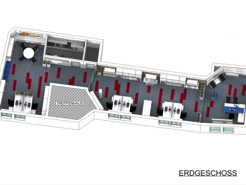 Übersicht des Erdgeschosses im Büroraumausbau.