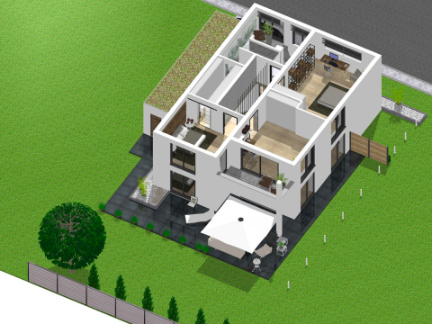 Konzeptrendering eines modernen Hauses mit hochwertigen Wohnungen.