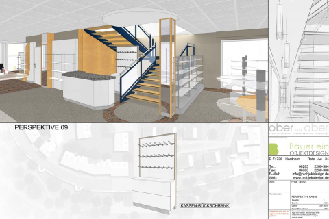 Konzeptzeichnung der Treppe und des Kassentresen.