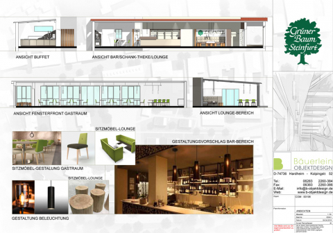 Verschiedene Ansichten des Konzepts für den Restaurant-Ladenausbau in Baden-Württemberg, gestaltet von Bäuerlein Objektdesign.