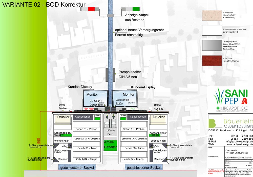Die Konzeptzeichnung von Bäuerlein Objektdesign präsentiert die Rückansicht der Kassentheke.