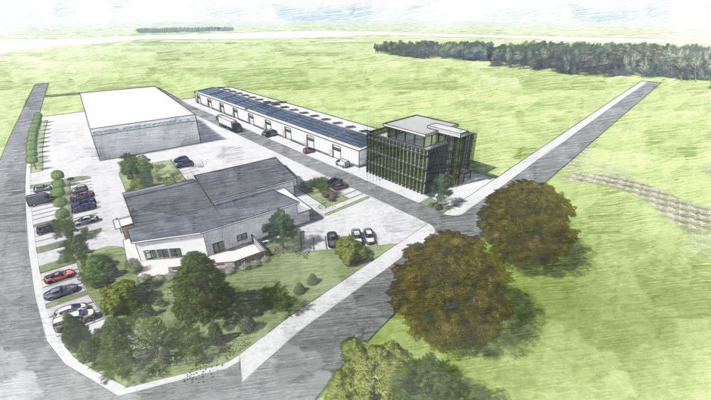 Die Konzeptzeichnung präsentiert einen Ausblick auf den innovativen Industriepark Walldürn im Rahmen unseres Projektbaus von Bäuerlein Objektdesign