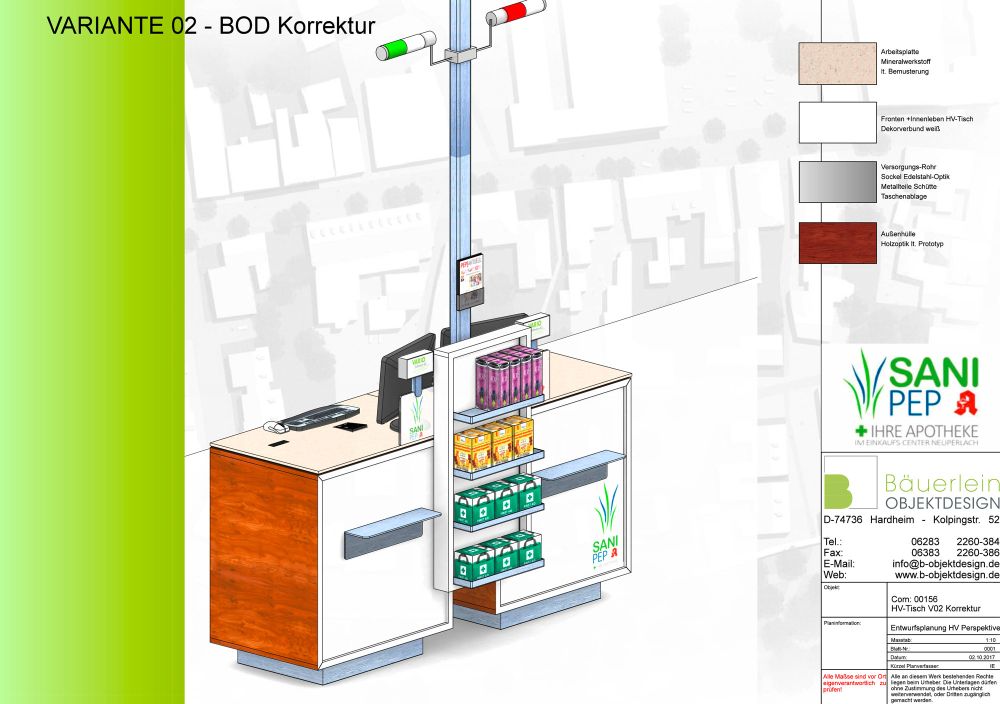 Konzeptzeichnung von Bäuerlein Objektdesign zeigt die seitliche schräge Ansicht der Kassentheke.