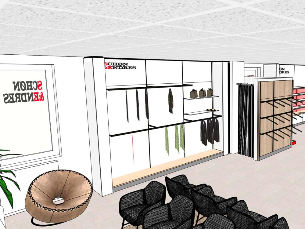 Konzeptzeichnung von Bäuerlein Objektdesign des Verkaufsraums mit Sitzmöglichkeiten für die Schuhanprobe