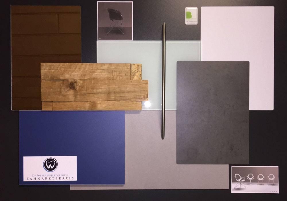 Auswahl an Materialien und Farben im Rahmen der Praxisausstattung 