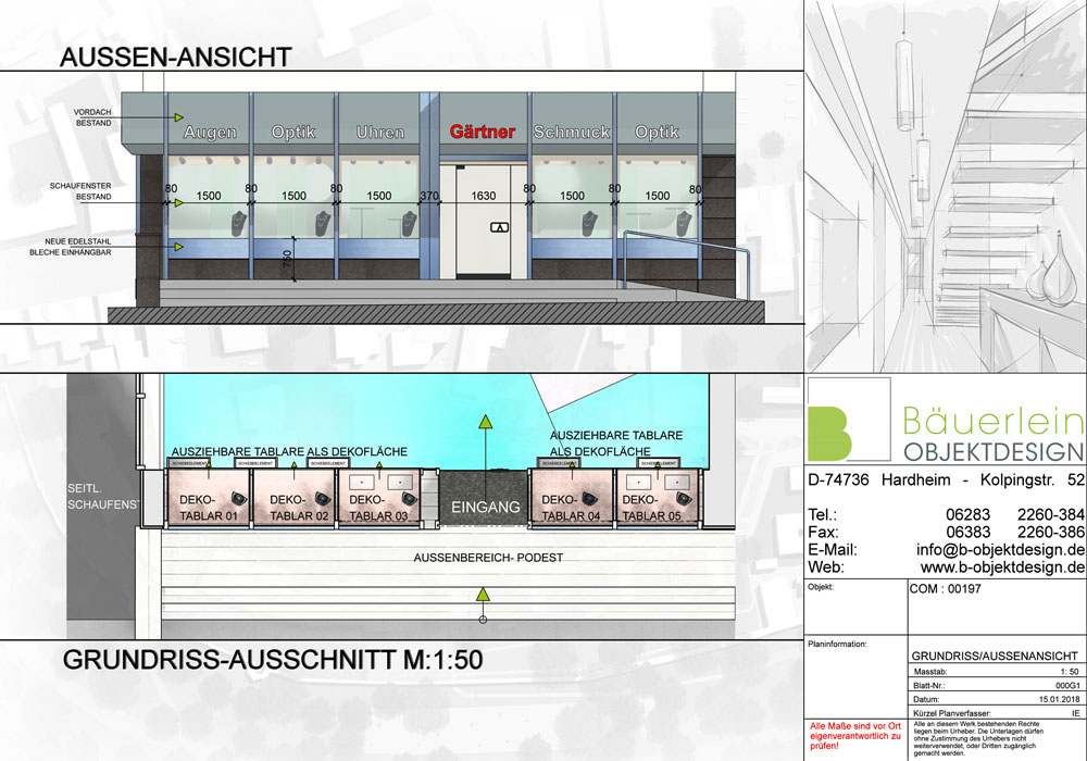 Konzeptzeichnung der Außenansicht mit Grundriss.