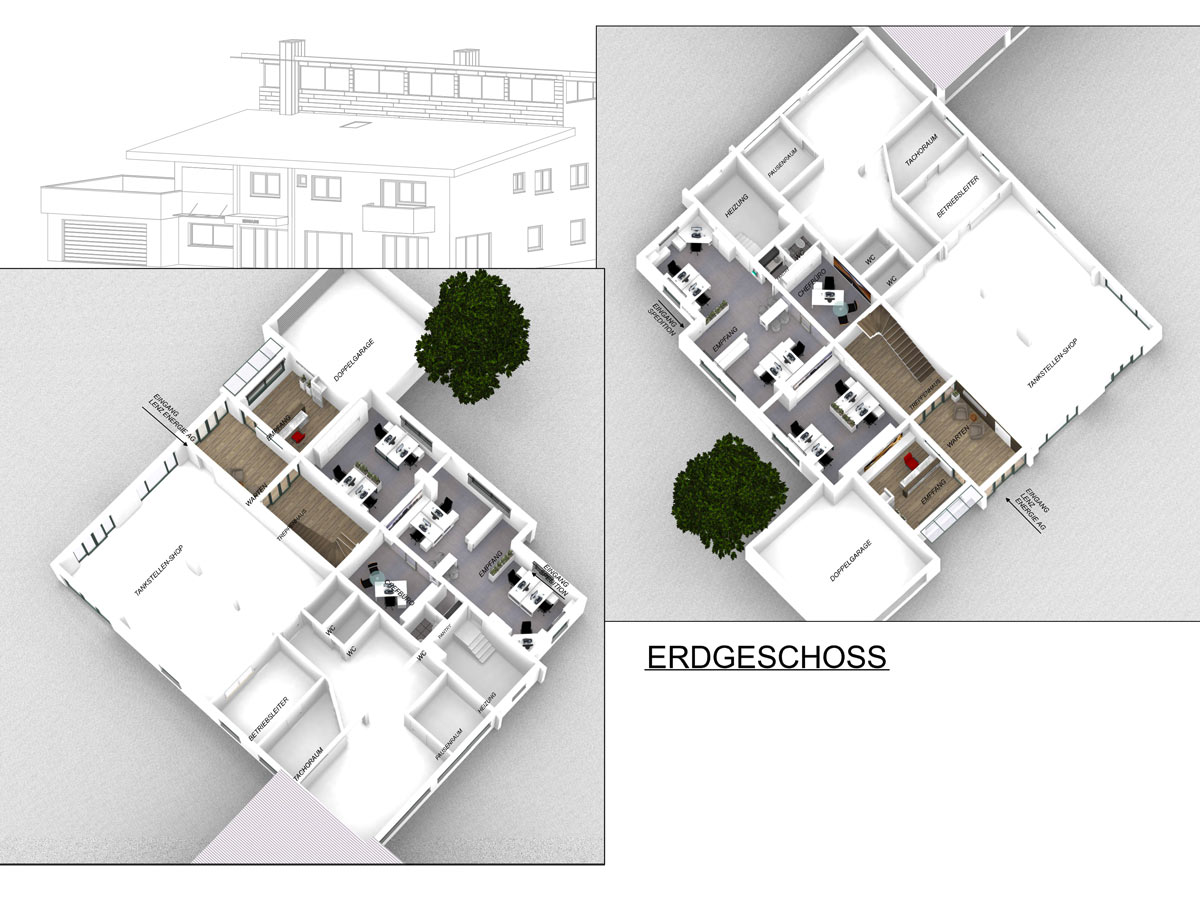 Industriebauplanung für Waibstadt: Das Konzeptrendering zeigt die beeindruckende Aussenansicht unseres modernen Bürogebäudes in Waibstadt. Klare Linien, zeitgemäßes Design und durchdachte Architektur für ein inspirierendes Arbeitsumfeld. Industriebauplanung für Waibstadt: Moderne Frontansicht des geplanten Bürogebäudes in Waibstadt.