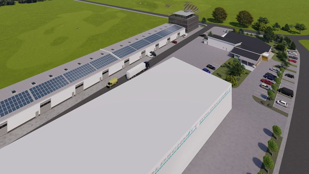 Blick auf unseren Projektbau im Industriepark Walldürn durch dieses konzeptuelle Rendering von Bäuerlein Objektdesign