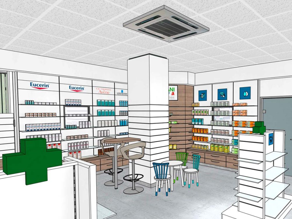 Konzeptzeichnung von Bäuerlein Objektdesign des ansprechenden Verkaufsraums in der SaniPep Apotheke, mit integrierter Spielecke