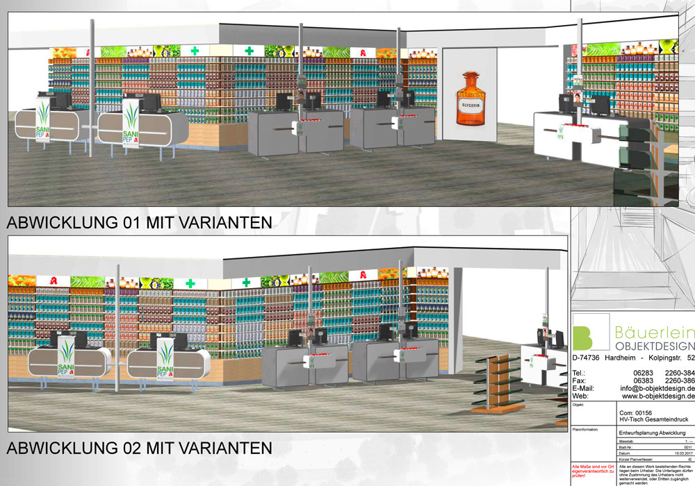 Visualisierung der Abwicklung im Apothekenbaukonzept von Bäuerlein Objektdesign