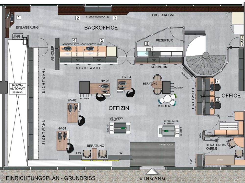 Konzeptzeichnung von Bäuerlein Objektdesign des Grundrisses der SaniPep Apotheke.