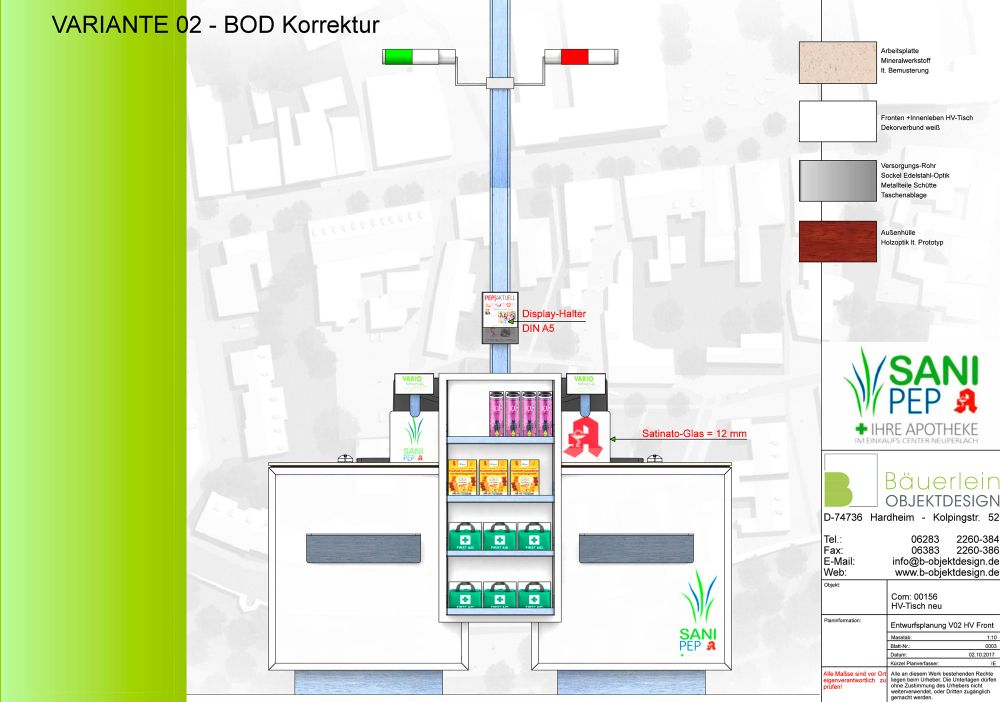 Konzeptzeichnung von Bäuerlein Objektdesign der Kassentheke von vorne.