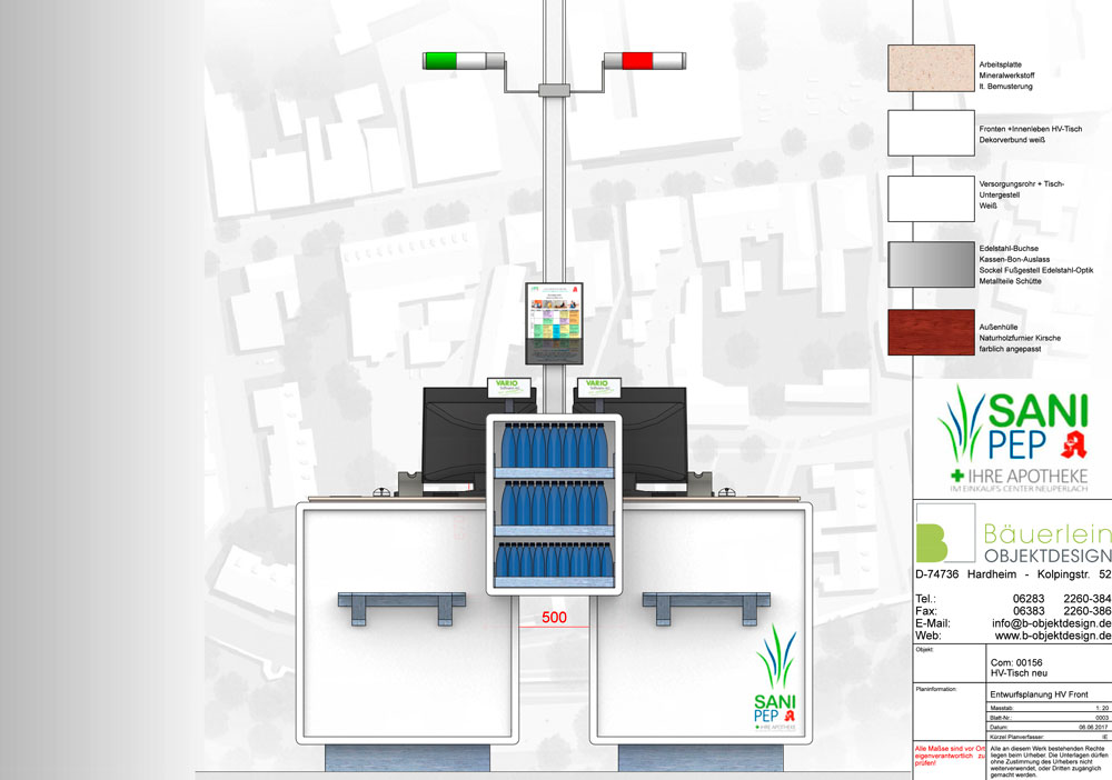 Konzeptzeichnung Von Bäuerlein Objektdesign der Kassentheke von vorne.