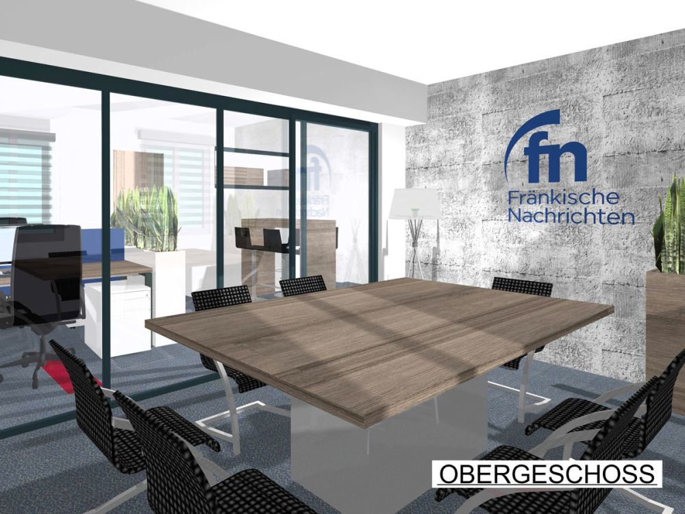 Innovative Besprechungsecke: Ansicht einer innovativen Besprechungsecke, die für kreative Meetings und effiziente Kommunikation im Büroausbau der Fränkischen Nachrichten konzipiert wurde