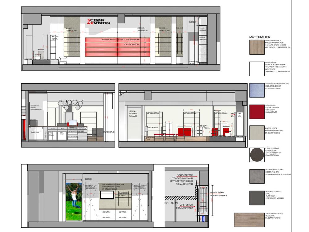 Konzeptzeichnung von Bäuerlein Objektdesign der seitlichen Ansicht der Verkaufsräume