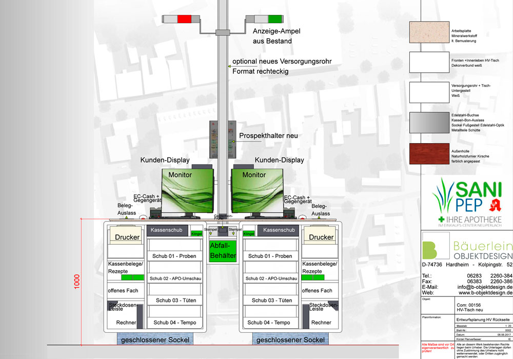 Konzeptzeichnung von Bäuerlein Objektdesign präsentiert die Rückansicht der Kassentheke.