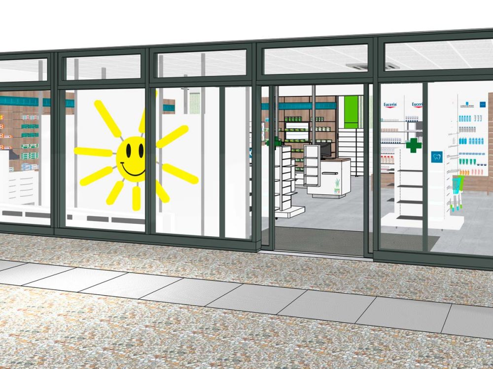 Konzeptzeichnung von Bäuerlein Objektdesign der Glasfront der SaniPep Apotheke.